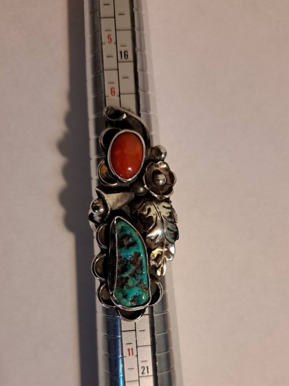 Phil Chapo Vintage Sterling Silver Navajo Coral and Turquoise Ring Size 8.5